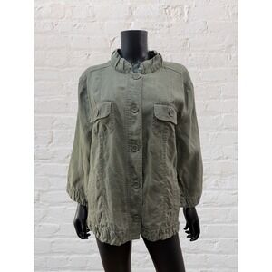 Chico's Linen Utility Jacket Olive Green Ruffle Hem Boho Large XL